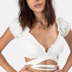 Adika Reversible Cross Body Crop Top Ruffle Sleeve In White - Size S/M